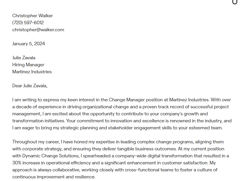 change manager cover letter
