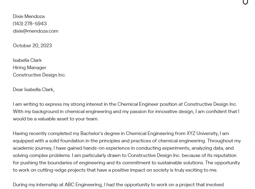 chemical engineer cover letter