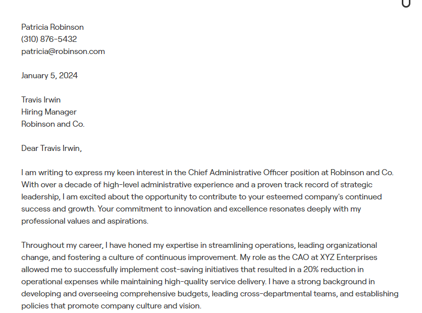chief administrative officer cover letter