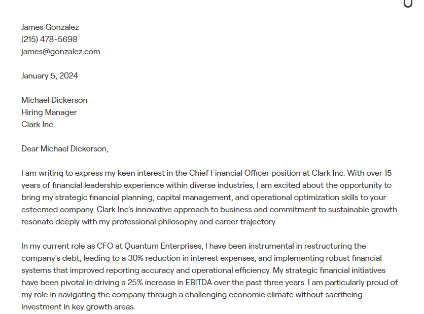 chief financial officer cover letter