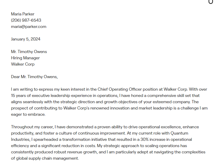 chief operating officer cover letter