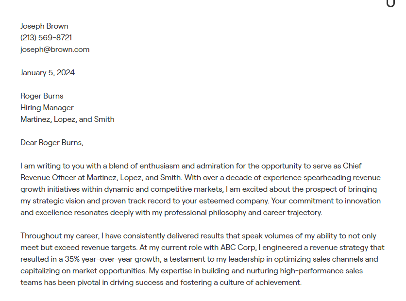 chief revenue officer cover letter