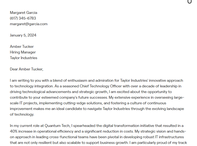 chief technology officer cover letter