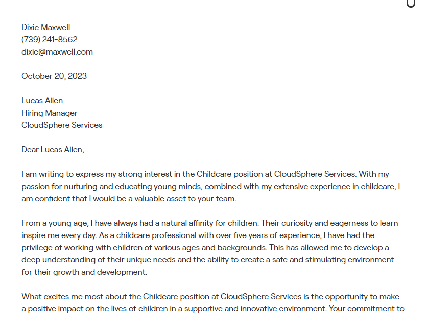 childcare cover letter