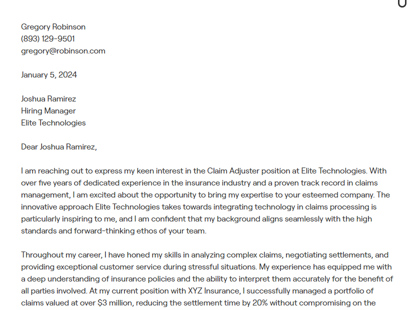 claim adjuster cover letter