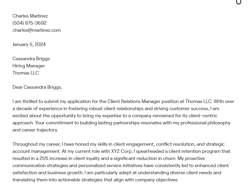 client relations manager cover letter