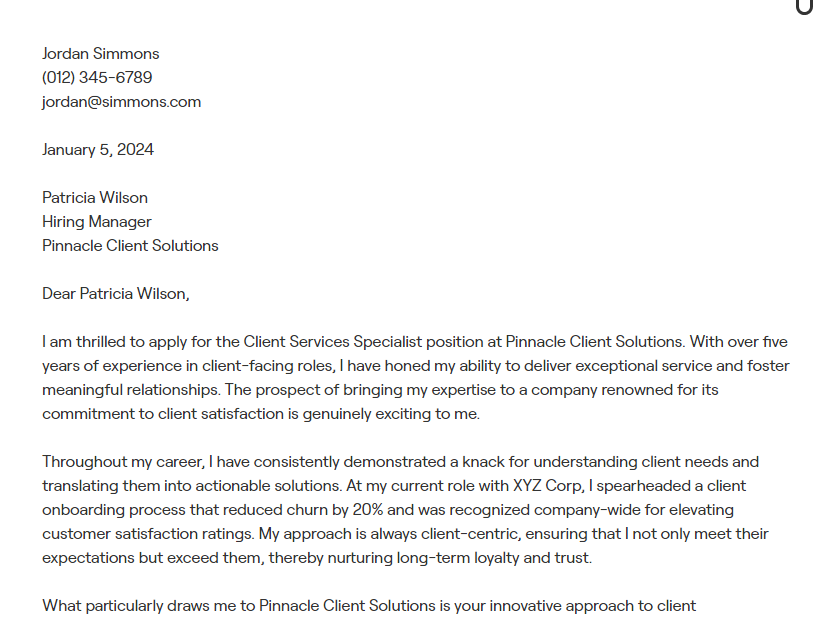 client services specialist cover letter