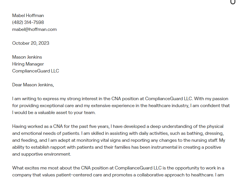 cna cover letter