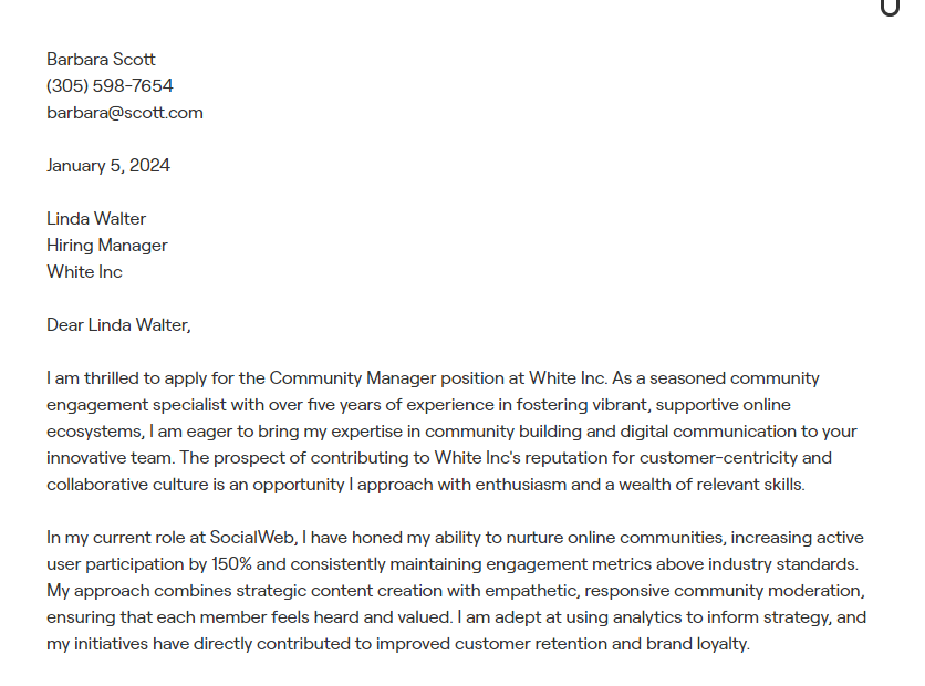 community manager cover letter