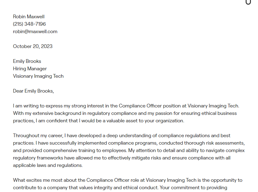 compliance officer cover letter