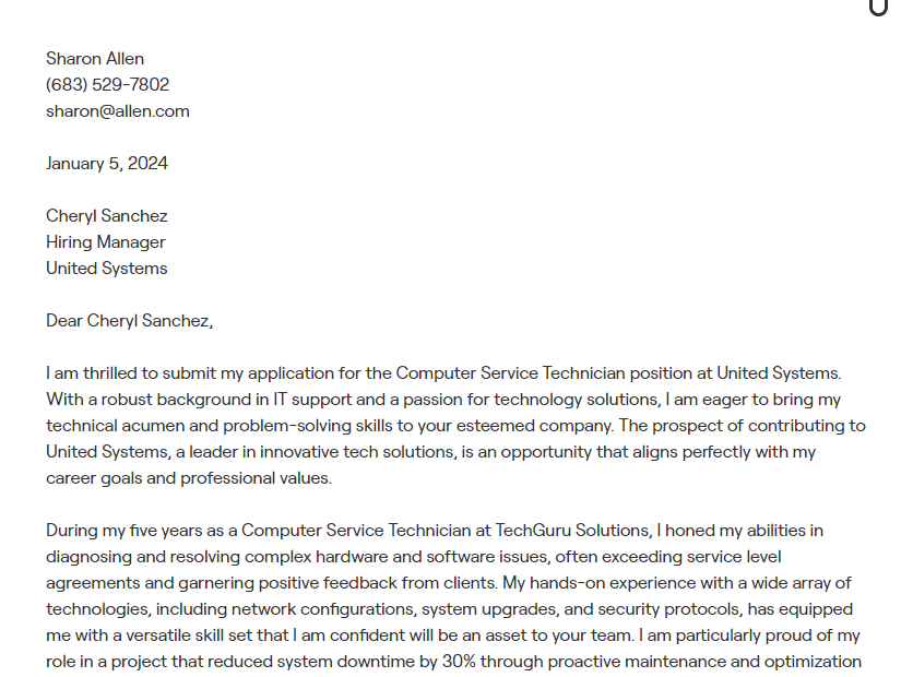 computer service technician cover letter
