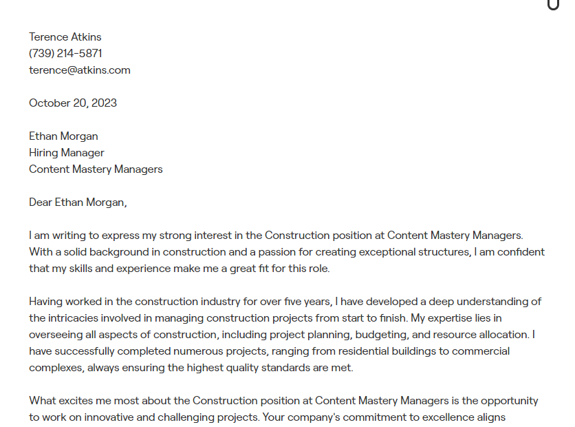 construction cover letter