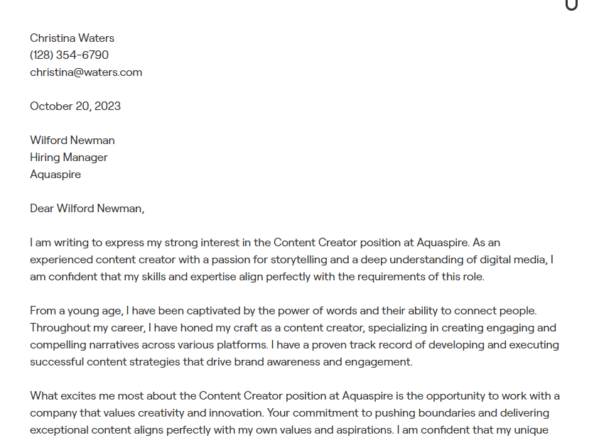 content manager cover letter