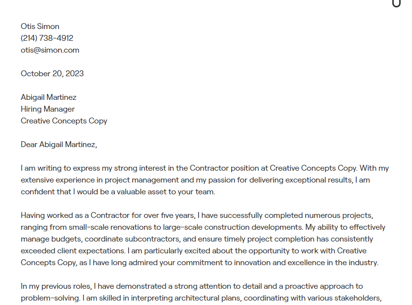 contractor cover letter