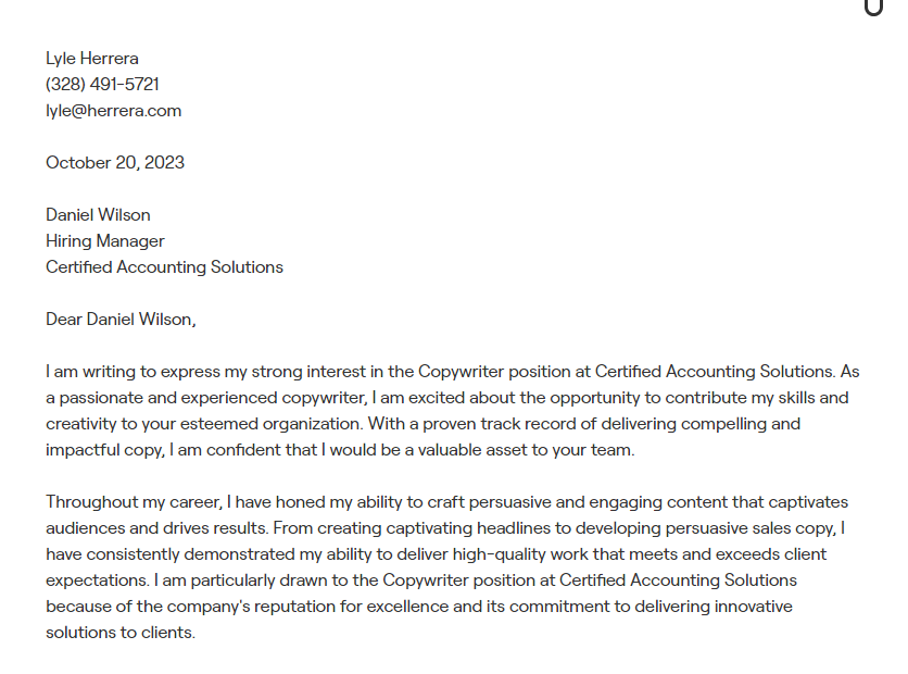 copywriter cover letter
