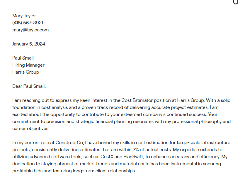 cost estimator cover letter