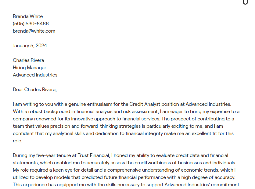 credit analyst cover letter