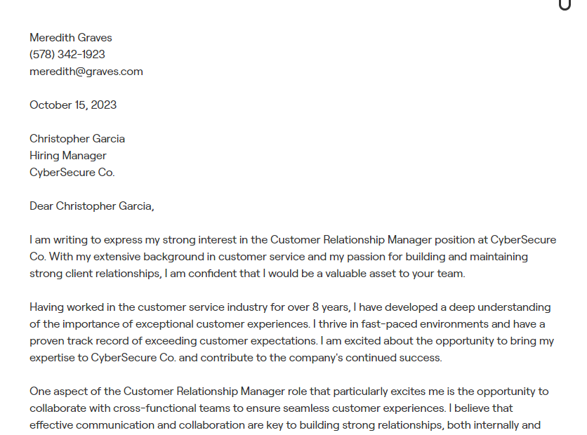 customer relationship manager cover letter