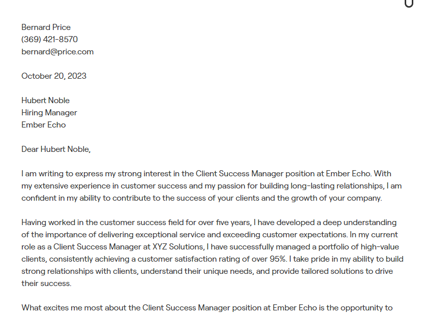 customer success manager cover letter