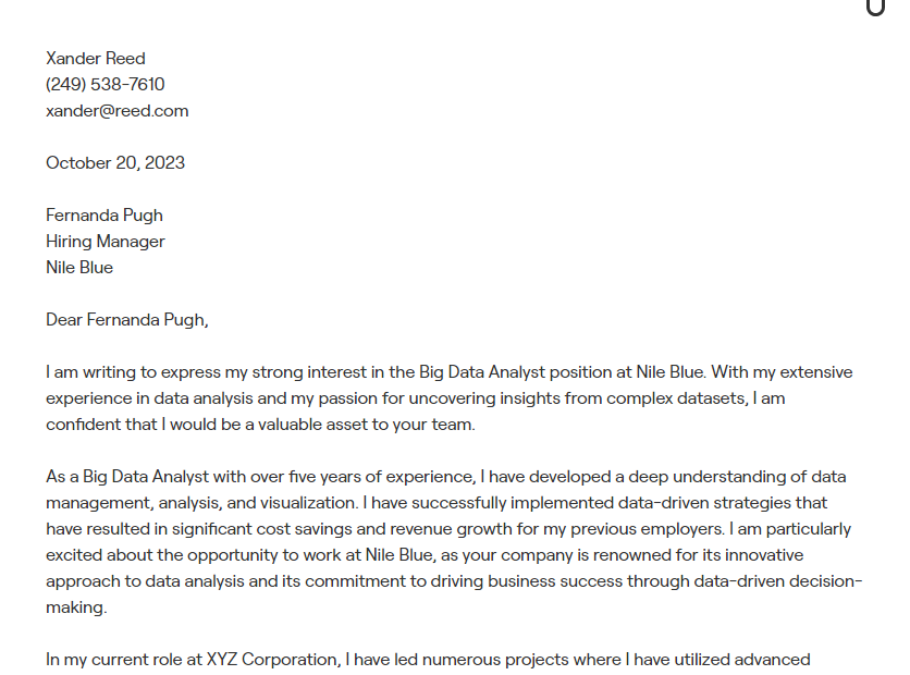 data analyst cover letter