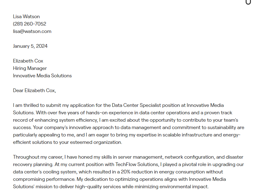 data center cover letter