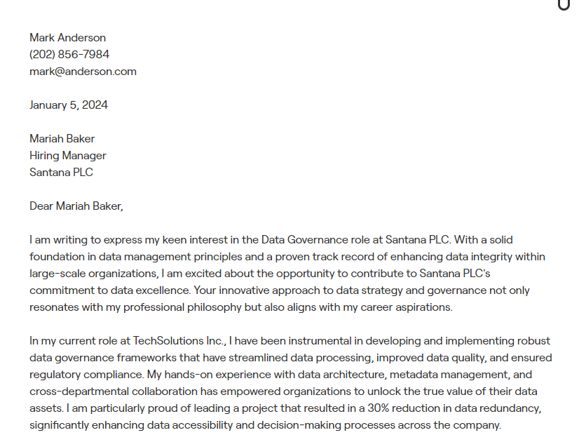 data governance cover letter