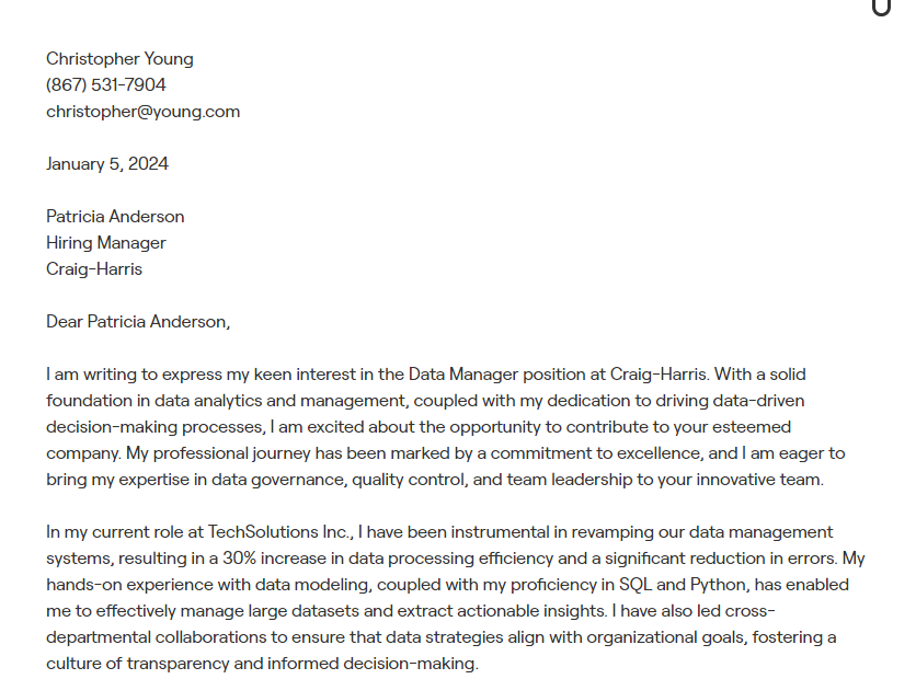 data manager cover letter