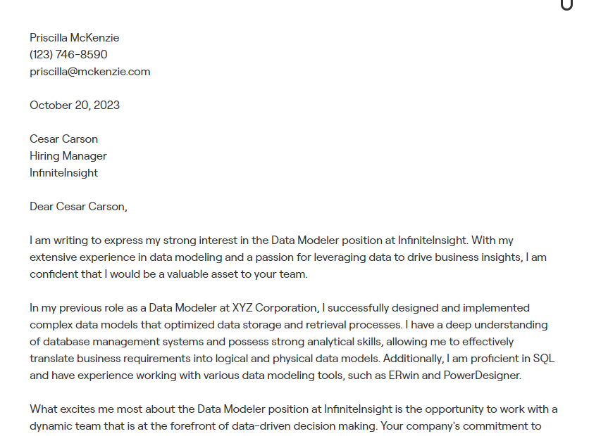 data modeling cover letter