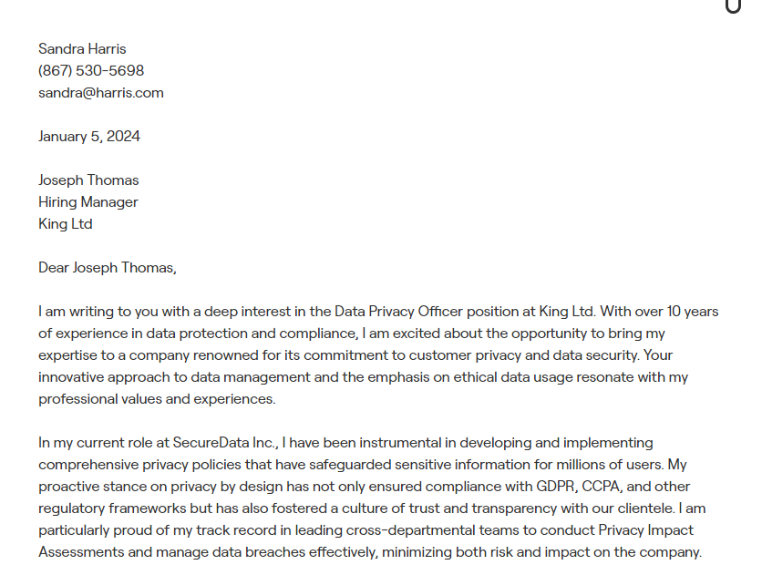data privacy officer cover letter