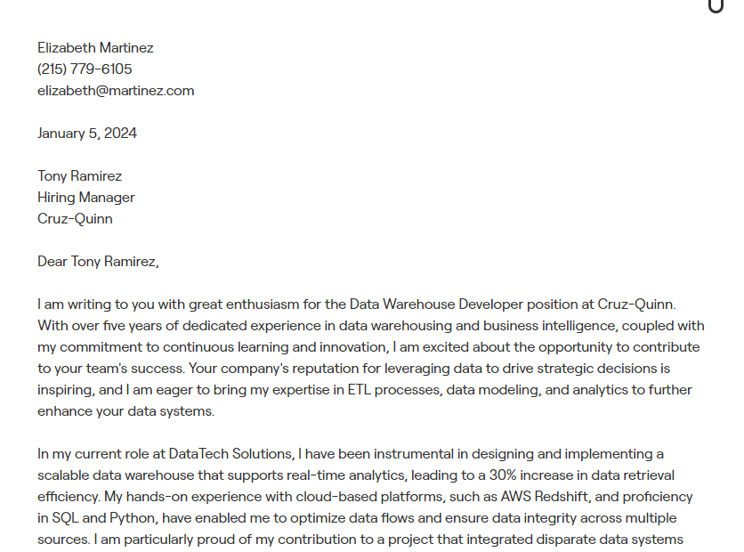 data warehouse developer cover letter