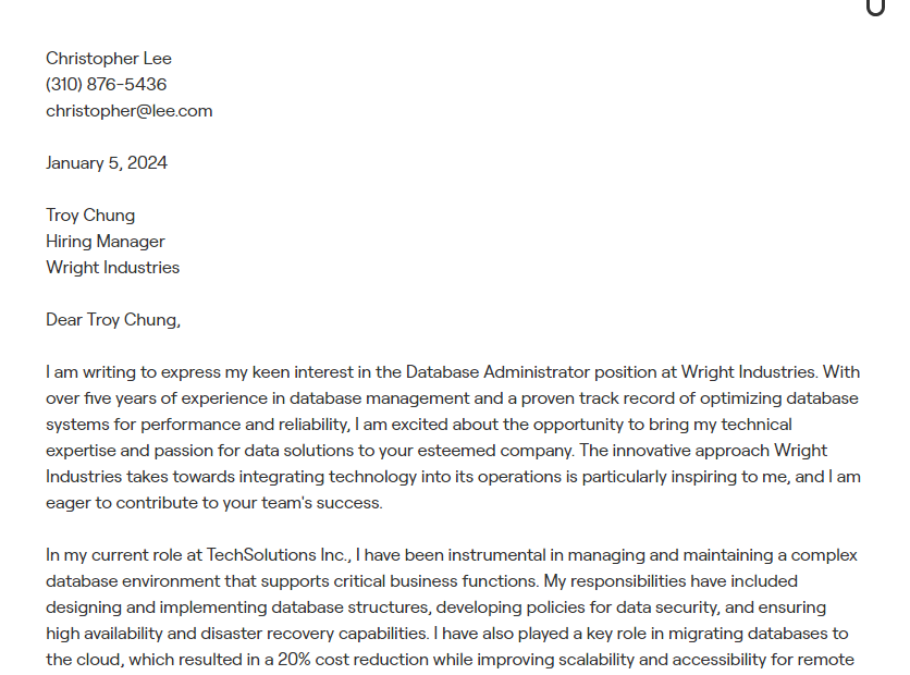 database administrator cover letter