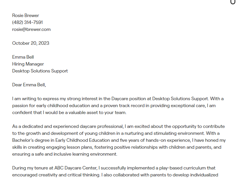 daycare cover letter