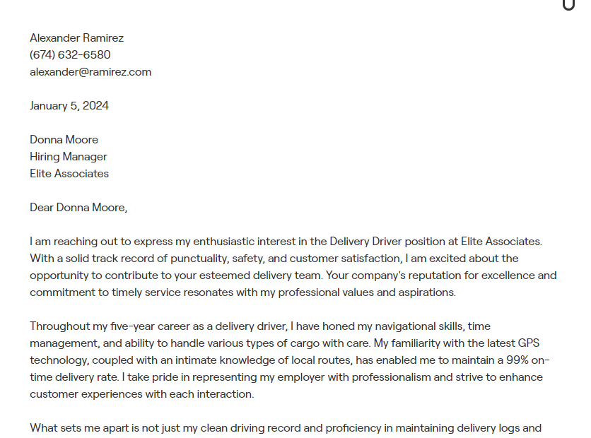 delivery driver cover letter