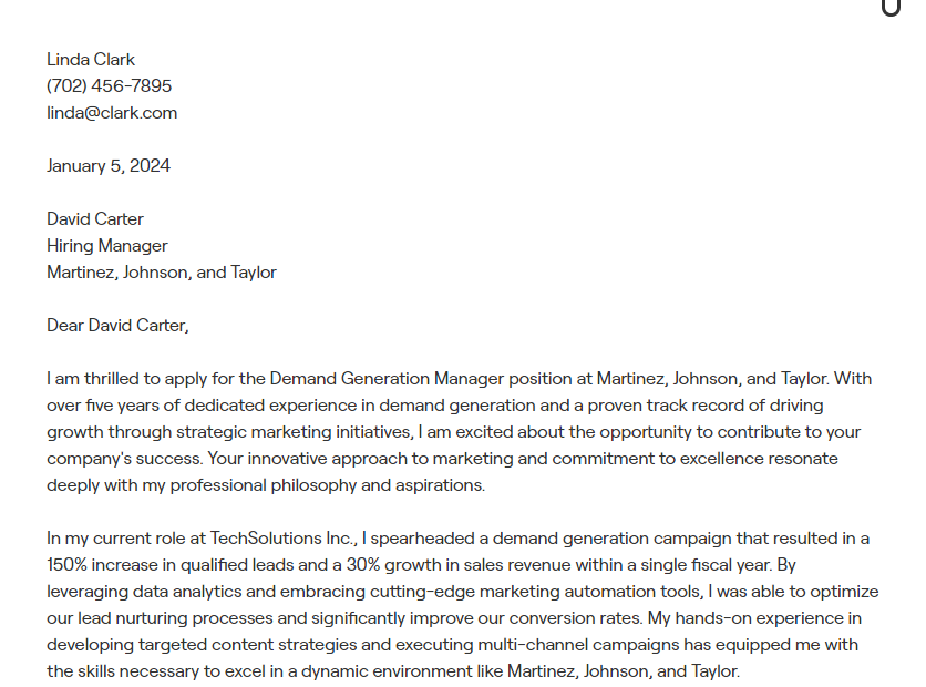 demand generation manager cover letter
