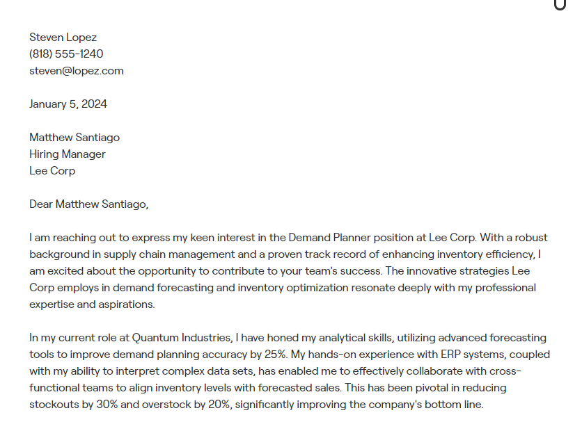 demand planner cover letter