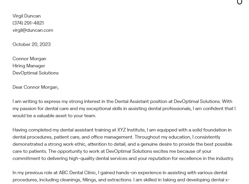 dental assistant cover letter