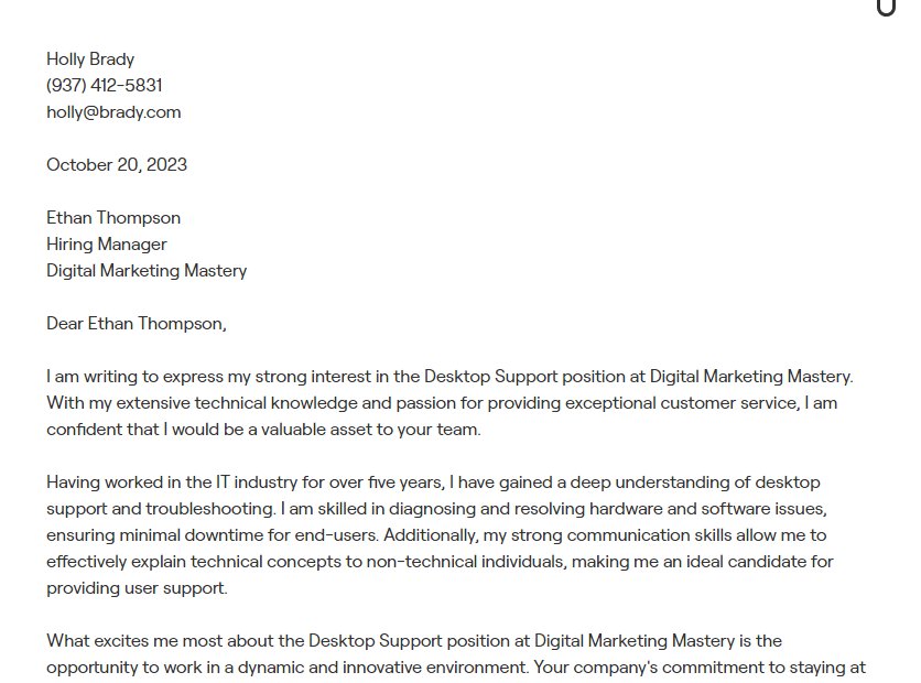 desktop support cover letter