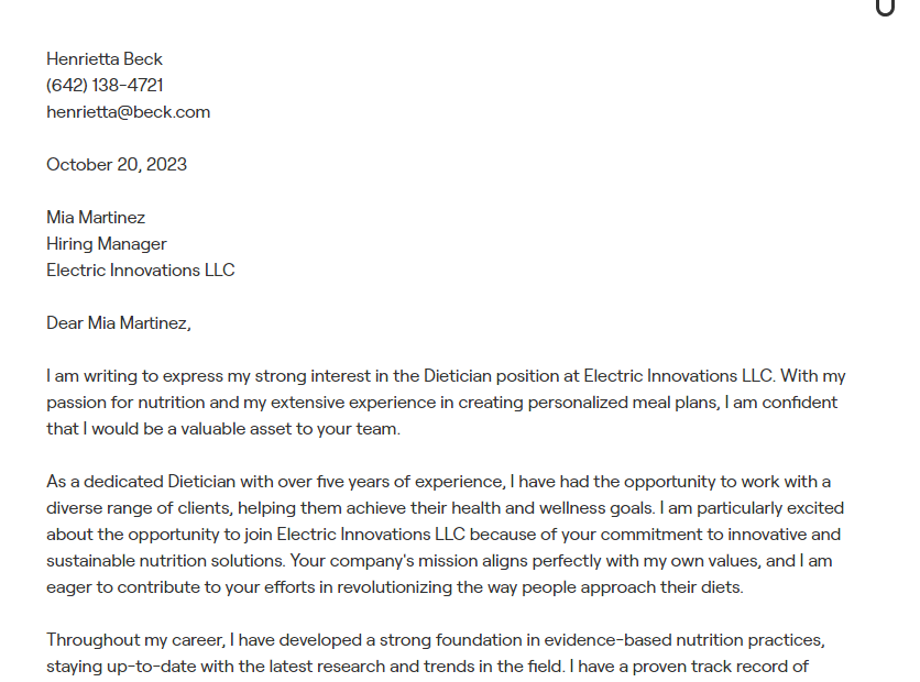 dietician cover letter