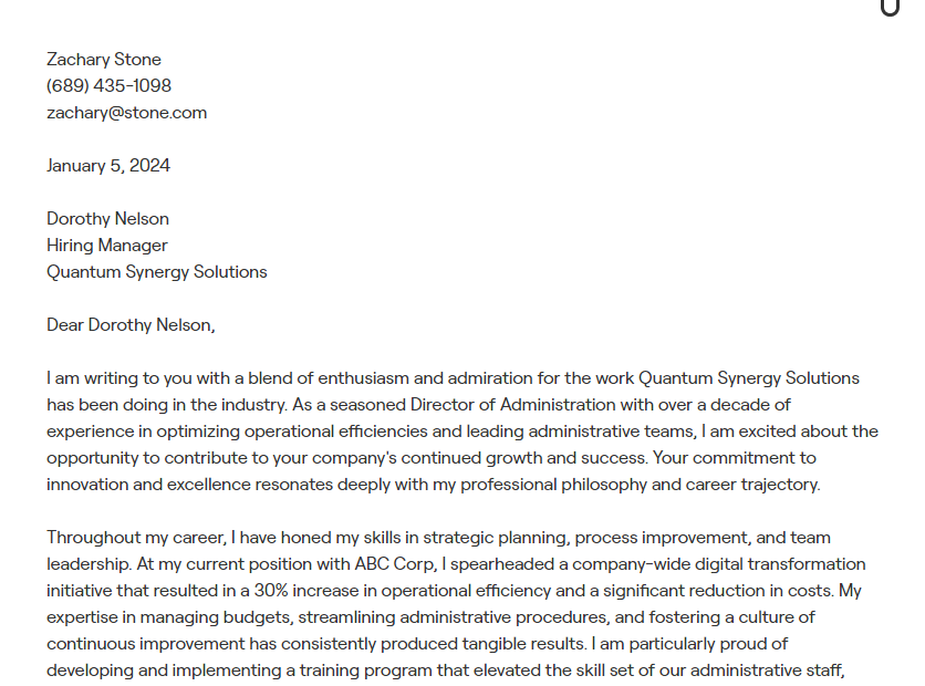 director of administration cover letter
