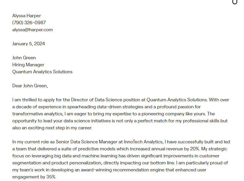 director of data science cover letter