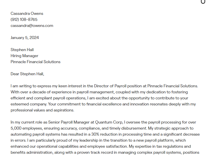 director of payroll cover letter
