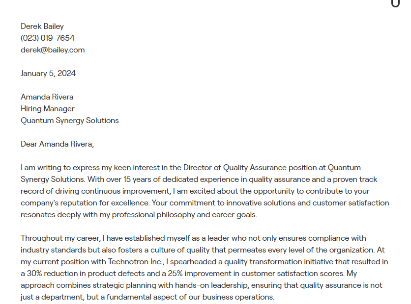 director of quality assurance cover letter