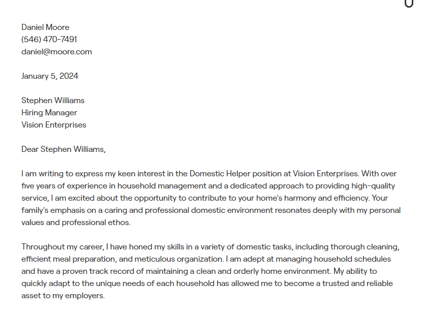 domestic helper cover letter