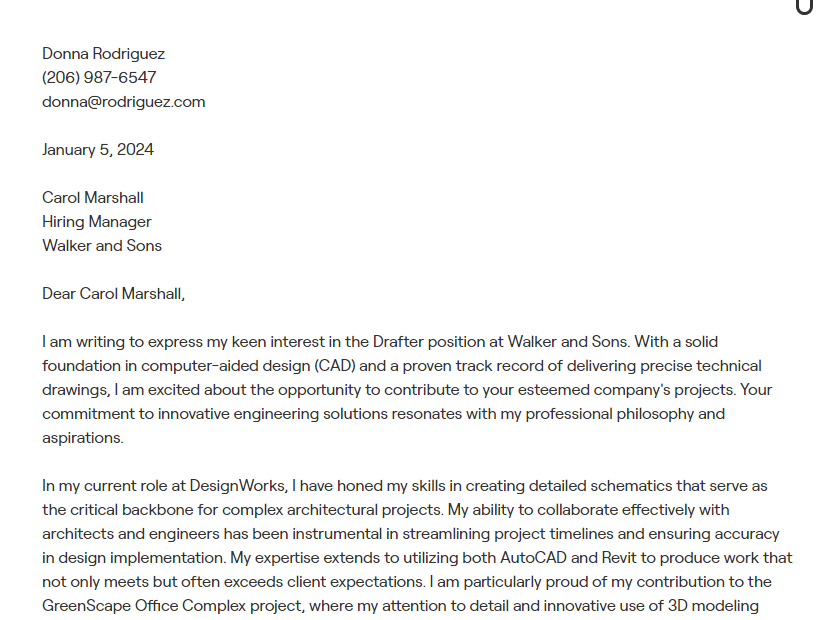 drafter cover letter