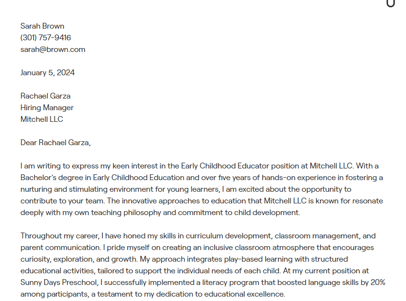 early childhood educator cover letter