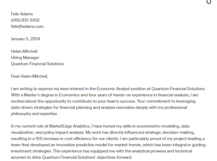 economic analyst cover letter