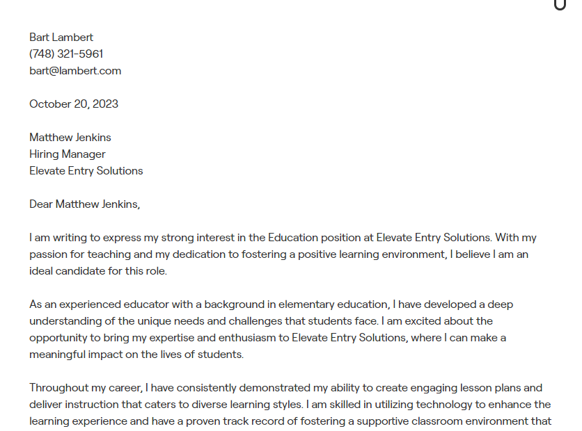 education cover letter