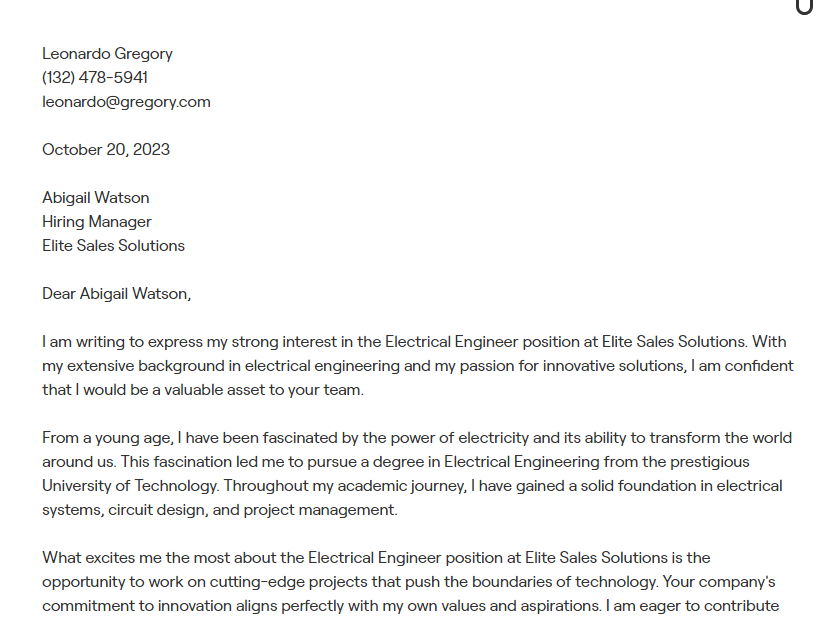 electrical engineer cover letter