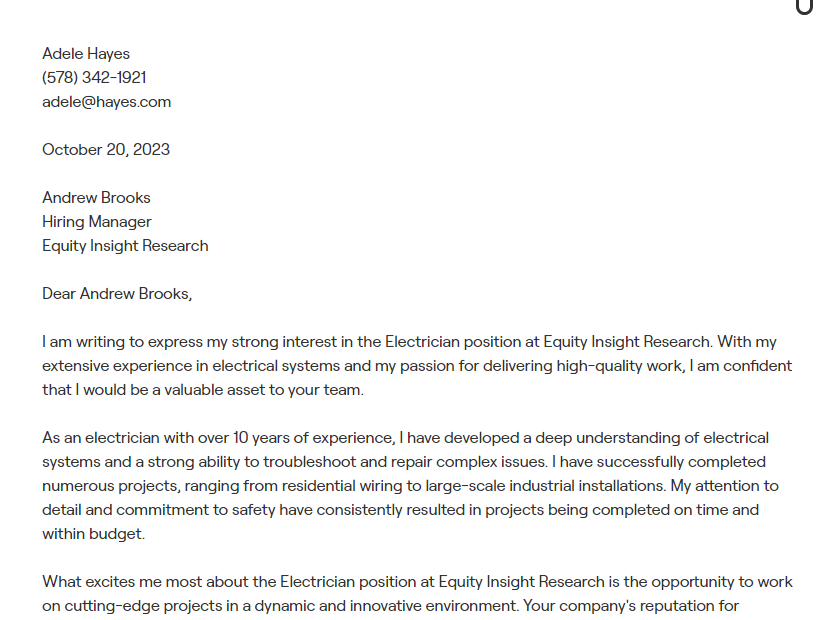 electrician cover letter