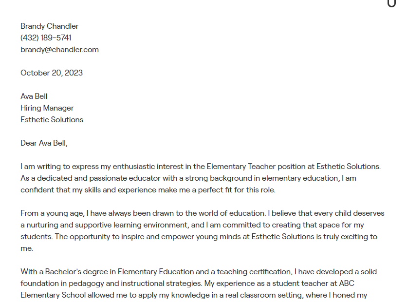 elementary teacher cover letter